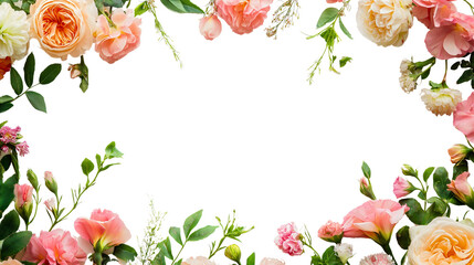 Enchanting flower floral frame, elegant decoration border isolated, blossoming spring blossom nature, graceful card background white, botanical garden artistry