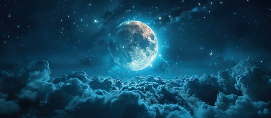 A full moon shines brightly in a starlit sky above a sea of clouds.