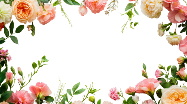 Enchanting flower floral frame, elegant decoration border isolated, blossoming spring blossom nature, graceful card background white, botanical garden artistry