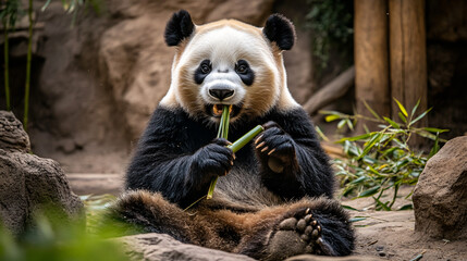 Fototapeta premium A giant panda munching on bamboo in a lush forest.