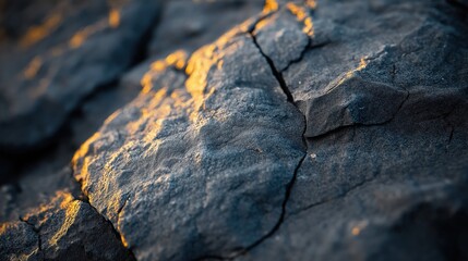 A close-up view of textured volcanic rock with cracks and golden highlights.