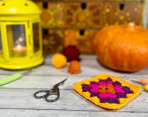 Wooden dot painted drawers with crochet granny square hooks scissors handmade craft autumn vide seasonal photo cosy home 