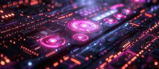 Obraz premium Abstract futuristic technology background with glowing neon circuits and digital display elements.