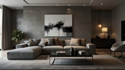 living room with elegance and diversity of modern gray color palette. The sofa is upholstered in a luxurious gray fabric. The minimalist design of the room evokes a sense of calm and sophistication.