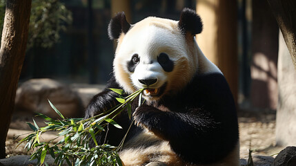 Obraz premium A giant panda munching on bamboo in a lush forest.