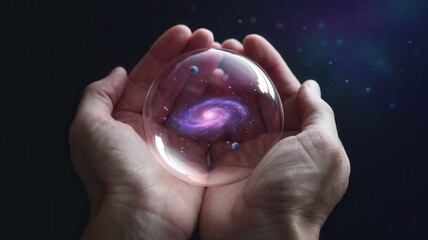 Hands cupping transparent sphere with galaxy and stars on gradient background