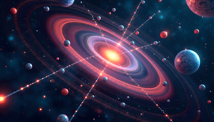 Obraz premium Spectacular cosmic scene with glowing galaxy, planets, and energy beams against deep space background