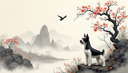 Serene Schnauzer dog gazing at flying bird against misty Asian landscape with cherry blossoms