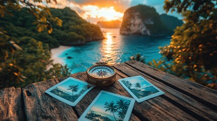 A collection of Polaroid photos scattered on a wooden table, showcasing a tropical island in the background.