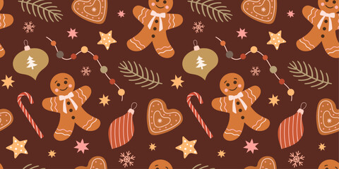 Materiał do szycia Cute seamless pattern with gingerbread and decorations for Christmas