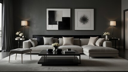 living room with elegance and diversity of modern gray color palette. The sofa is upholstered in a luxurious gray fabric. The minimalist design of the room evokes a sense of calm and sophistication.