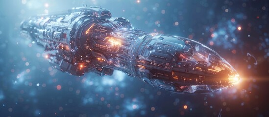 Futuristic spaceship with glowing lights and a metallic design, flying through space with a blue and orange backdrop.