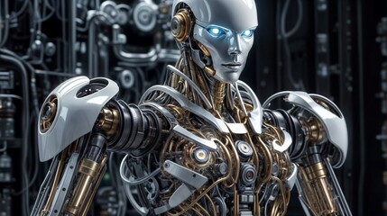 humanoid robot with silver metallic body, blue eyes, and intricate futuristic circuits on a high-tech background