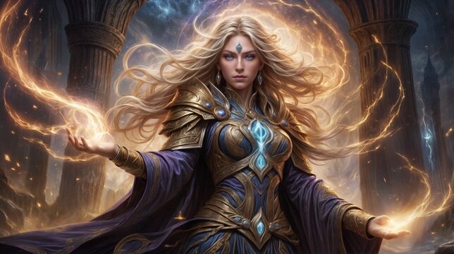 fantasy female mage with blonde hair and blue eyes surrounded by magical energy and lightning