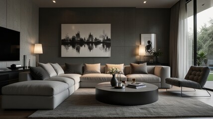 living room with elegance and diversity of modern gray color palette. The sofa is upholstered in a luxurious gray fabric. The minimalist design of the room evokes a sense of calm and sophistication.