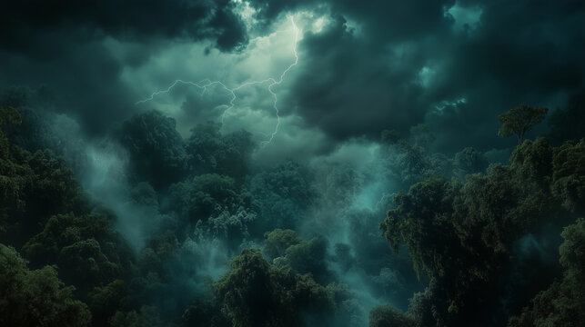 Dark clouds rolling over a dense forest, with lightning illuminating the treetops