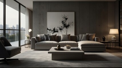 living room with elegance and diversity of modern gray color palette. The sofa is upholstered in a luxurious gray fabric. The minimalist design of the room evokes a sense of calm and sophistication.