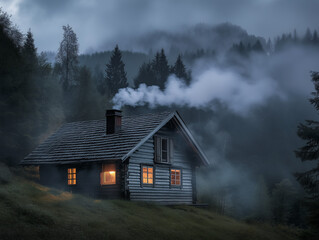 A mountain cabin with smoke coming from the chimney