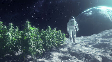 Obraz premium Astronaut Walking Past Lush Cannabis Plants on the Moon with Earth in Background