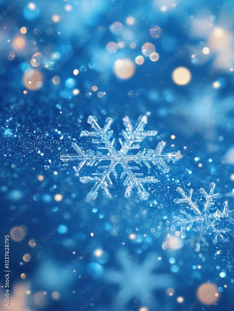 Poster glistening snowflakes float in a rich blue backdrop, surrounded by shimmering light particles, evoki