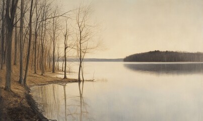 A painting of a lake with trees in the background