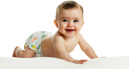 Precious crawling baby infant, adorable diaper isolated smiling, joyful newborn toddler happy, radiant boy child cute, innocent wonder unfolds