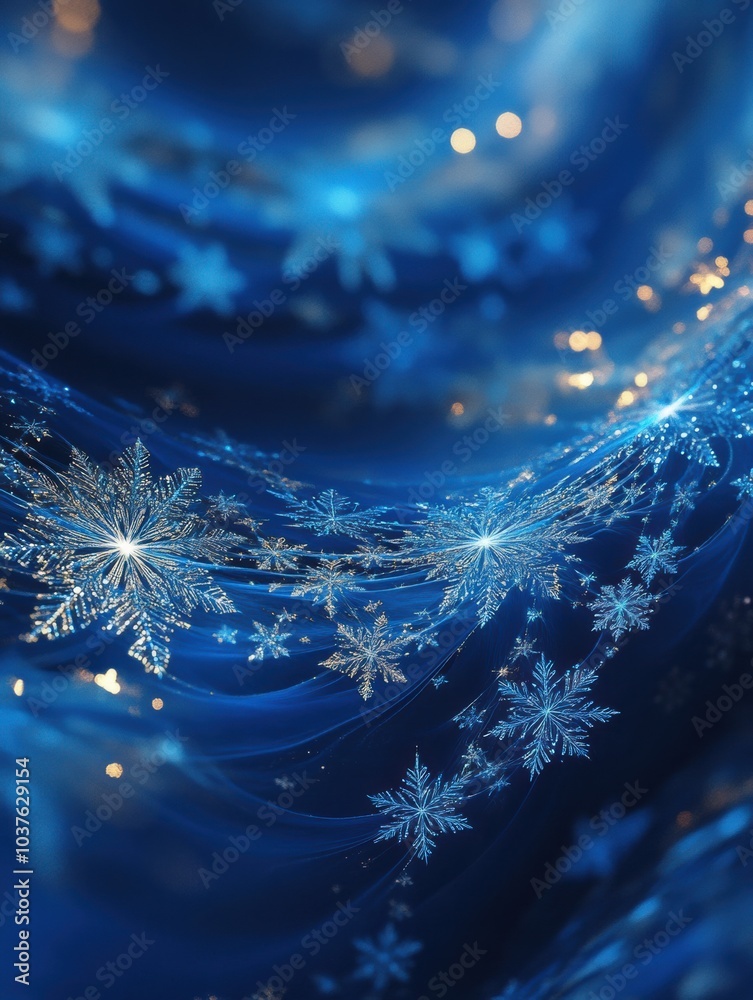 Poster a stunning display of abstract snowflakes sparkles against a rich blue background, evoking the encha