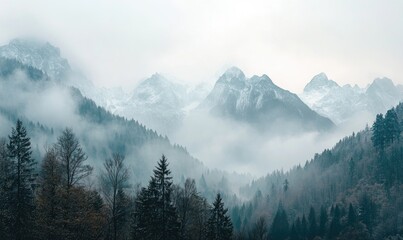 The mountains are covered in snow and the sky is cloudy