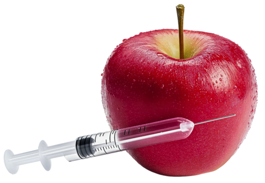 Clinical apple syringe medical, precise needle isolated GMO, experimental fruit modified drug, scientific genetically medicine injection, biotechnology research unfolds