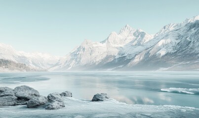 Obraz premium A beautiful snowy landscape with a large body of water