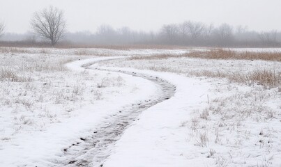 Fototapeta premium A snow covered field with a path through it