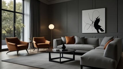 living room with elegance and diversity of modern gray color palette. The sofa is upholstered in a luxurious gray fabric. The minimalist design of the room evokes a sense of calm and sophistication.