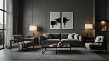 living room with elegance and diversity of modern gray color palette. The sofa is upholstered in a luxurious gray fabric. The minimalist design of the room evokes a sense of calm and sophistication.