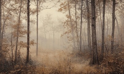 A painting of a forest with trees and a foggy sky