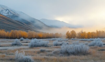 A snowy mountain range with a foggy sky and a field of trees