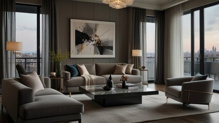Fototapeta premium living room with elegance and diversity of modern gray color palette. The sofa is upholstered in a luxurious gray fabric. The minimalist design of the room evokes a sense of calm and sophistication.