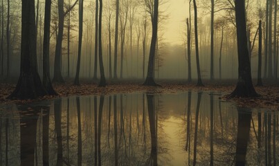 A forest with a pond in the middle