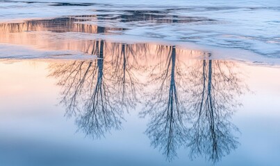 A reflection of trees in a body of water