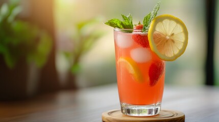 Fototapeta premium A refreshing glass of strawberry lemonade garnished with a lemon slice and fresh mint, Lemonade glass placed on a coaster, Soft afternoon light for a summery vibe