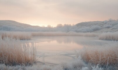 Obraz premium A frozen lake surrounded by tall grass and trees