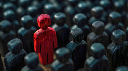 Obraz premium Distinctive unique red figure, singular crowd target standout, exceptional talent select alone, remarkable audience group concept, leadership brilliance emerges