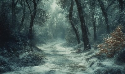 Obraz premium A snowy forest path with trees in the background
