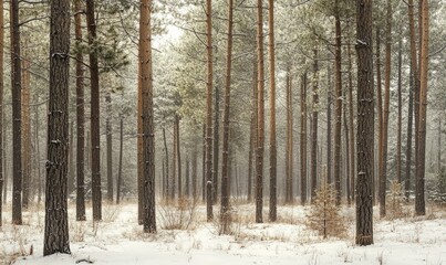 Fototapeta premium A snowy forest with trees covered in snow