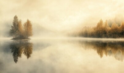 Fototapeta premium A foggy morning with a lake and trees in the background
