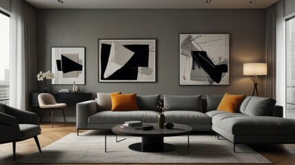 living room with elegance and diversity of modern gray color palette. The sofa is upholstered in a luxurious gray fabric. The minimalist design of the room evokes a sense of calm and sophistication.