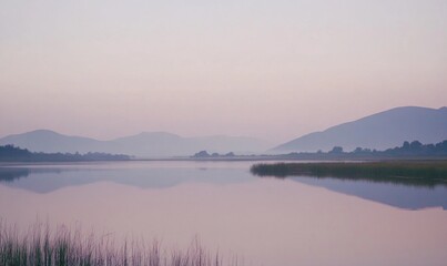 A calm lake with a beautiful reflection of the mountains in the water