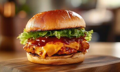 A burger with a lot of cheese and bacon on it