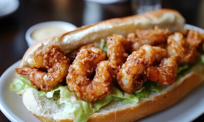 A plate of shrimp and lettuce on a bun