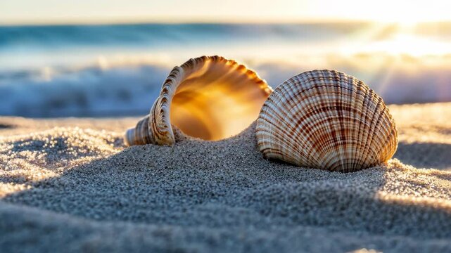 Two seashells rest on the sand near the ocean at sunset