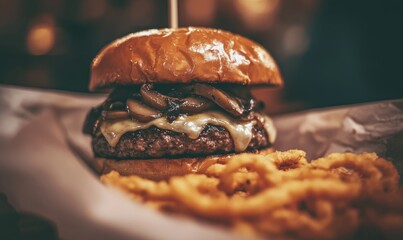 A large burger with a mushroom topping sits on a bun with a side of onion rings